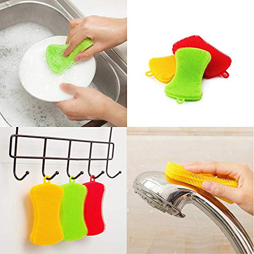 MUCHEN SHOP Esponja de Silicona,3 Pack Multifunción Antibacteriana Cepillo de Limpieza de Silicona para Lavar Platos Utensilios de Cocina Limpieza de Baño Forma de Hueso 3 Colores