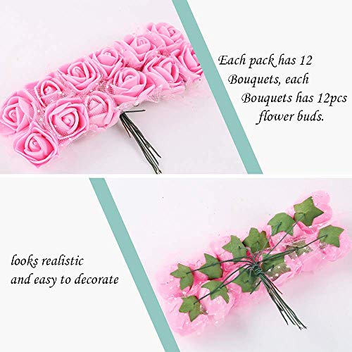 MUCHEN SHOP Mini Rosas Flores Ramos,144 Pack Ramo de Flores de Espuma Pequeñas Rosas Artificiales Lindas para Manualidades Decoración de Boda Fiesta Navidad Bricolaje Rosa 2.5CM