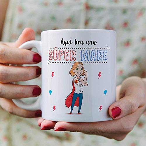 MUGFFINS Taza Mamá (En Catalán) -"Aquí beu una Súper Mare" - Taza Desayuno/Idea Regalo Día de la Madre. Cerámica 350 mL