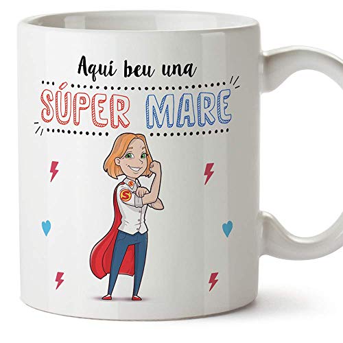 MUGFFINS Taza Mamá (En Catalán) -"Aquí beu una Súper Mare" - Taza Desayuno/Idea Regalo Día de la Madre. Cerámica 350 mL