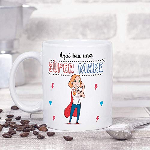 MUGFFINS Taza Mamá (En Catalán) -"Aquí beu una Súper Mare" - Taza Desayuno/Idea Regalo Día de la Madre. Cerámica 350 mL