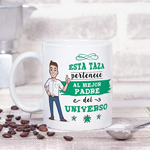 MUGFFINS Taza Papá - Esta Taza Pertenece al Mejor Padre del Universo - Taza Desayuno Idea Regalo Día del Padre. Cerámica 350 mL