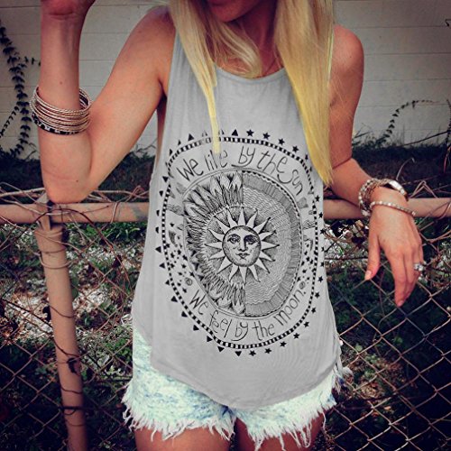 Mujer Camiseta,Sonnena Patrón de Sol Estampado sin Manga Camiseta para Mujer y Chica Joven Casual Sexy Traje de Verano Fresco para Citas Actividades al Aire Libre (M, Gris)