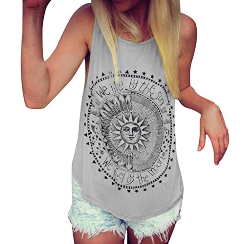 Mujer Camiseta,Sonnena Patrón de Sol Estampado sin Manga Camiseta para Mujer y Chica Joven Casual Sexy Traje de Verano Fresco para Citas Actividades al Aire Libre (M, Gris)