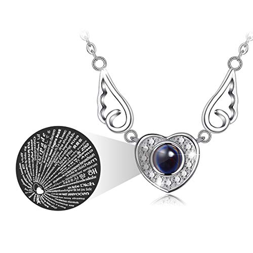 Mujer Collares de 'Te Amo' en 100 Idiomas, CELESTIA Joyería de Plata de ley 925, Corazón de Ala de Angel Colgante 46CM Cadena, Collares de Recuerdos de Amor, Regalos Únicos para Niñas, con Caja