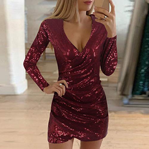 Mujer Vestidos de Fiesta Elegante con Purpurina Brillo V-Cuello Casual Vestido de Cóctel Suave Ajustado para Boda Baila Ceremonia y Eventos Fannyfuny