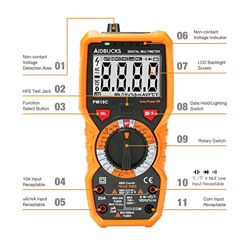 Multímetro Digital Profesional Janisa PM18C DC / AC Voltaje de Corriente Amperimetro Voltímetro Capacitancia Resistencia Continuidad Diodo Tester sin Contacto sonda Temperatura de Retroiluminación LCD