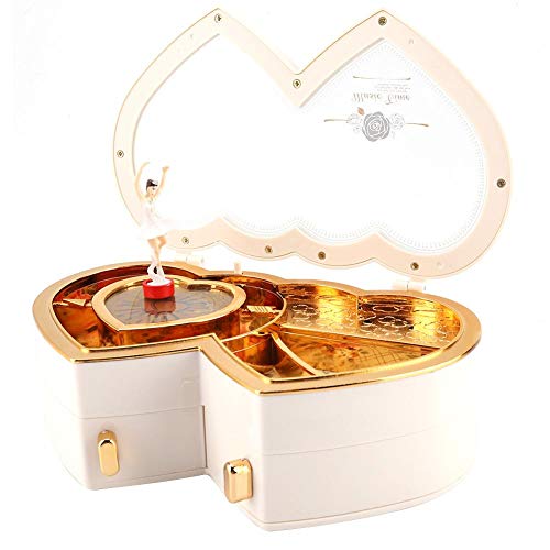 Mumusuki Cajas de joyería Bailarina de Doble corazón Caja de joyería Musical Caja de Almacenamiento para Regalos de niñas(Blanco)