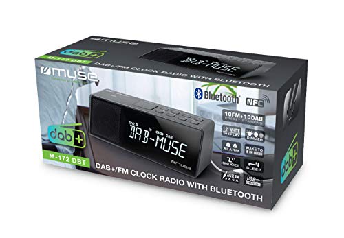 Muse M-172 DBT - Radiodespertador con Bluetooth, Puerto USB y función de Carga (Bluetooth, NFC, USB, Entrada Auxiliar, Radio PLL, FM-Dab/Dab+, Pantalla LED, 20 emisoras, Sleep, Snooze), Color Negro