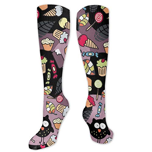 Myhou - Calcetines altos hasta la rodilla para mujer, hasta el muslo, calcetines largos para niñas, búhos locos, postres, helados, calcetín para tartas