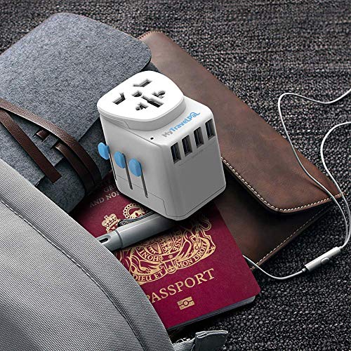 MyTravelPal® Adaptador Enchufe Universal de Viaje - 10A Cargador Internacional con 4 Puertos USB para EEUU Irlanda Inglaterra Chino Americano Europeo (White Blue)