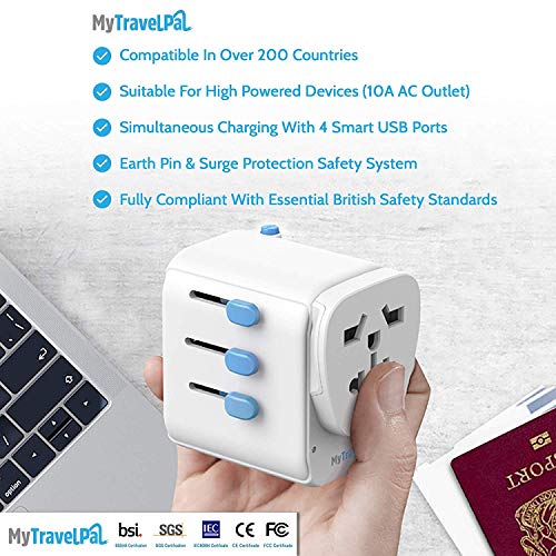 MyTravelPal® Adaptador Enchufe Universal de Viaje - 10A Cargador Internacional con 4 Puertos USB para EEUU Irlanda Inglaterra Chino Americano Europeo (White Blue)