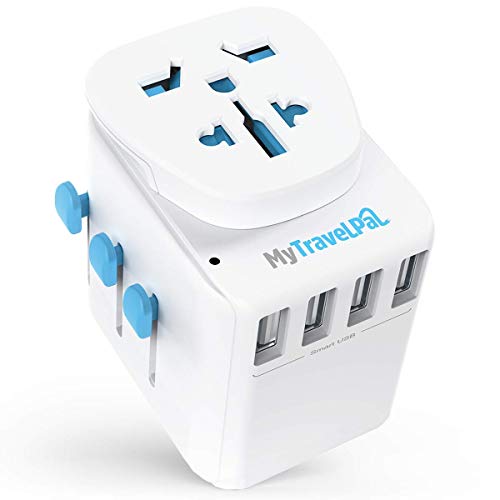 MyTravelPal® Adaptador Enchufe Universal de Viaje - 10A Cargador Internacional con 4 Puertos USB para EEUU Irlanda Inglaterra Chino Americano Europeo (White Blue)