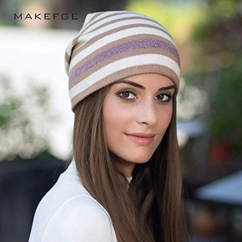 MZHAOANHE Sombrero de Punto a Rayas para Mujer,Sombrero Grueso de Baotou,otoño e Invierno,Pelo Rizado al Aire Libre,Gorro con Capucha cálida,Tiza -60 cm