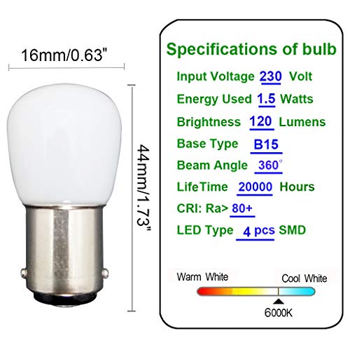 MZMing [2 Pack] Bombilla LED B15 1.5W en Lugar de 15W 6000K Lámpara Halógena Blanca 120lm Temperatura Baja No Ajustable Para Refrigerador / Máquina de Coser