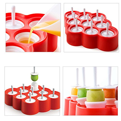 Naisidier 9pcs Mini Moldes de Helado de Silicona Moldes de Popsicle Hielo Pop/Lolly/Juego de Herramientas Crema para los Regalos del cumpleaños del Partido Juguetes (Rojo)