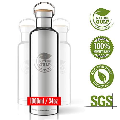 Nature Gulp bebidas frías 24-36 horas y calientes 12 horas 1000ml GARANTÍA DE POR VIDA Botella de Agua aislada al Vacío de Acero Inoxidable Diseño de Pared Doble Boca Estándar BPA Gratis Klean Kanteen