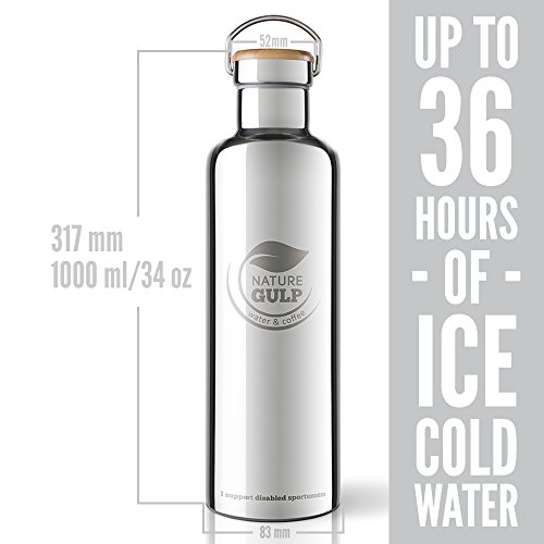 Nature Gulp bebidas frías 24-36 horas y calientes 12 horas 1000ml GARANTÍA DE POR VIDA Botella de Agua aislada al Vacío de Acero Inoxidable Diseño de Pared Doble Boca Estándar BPA Gratis Klean Kanteen