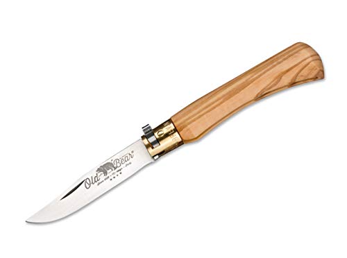 Navaja Old Bear M Olivo con Hoja de Acero 420 de 8 cm y empuñadura de Olivo de 11,2 cm 01OB012 para Caza, Pesca, Supervivencia y Bushcraft + Portabotellas de Regalo