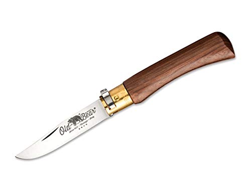 Navaja Old Bear S Nogal con Hoja de Acero 420 de 7 cm y empuñadura de 11 cm, Cierre de Seguridad Patentado 01OB004 para Caza, Pesca, Supervivencia y Bushcraft + Portabotellas de Regalo