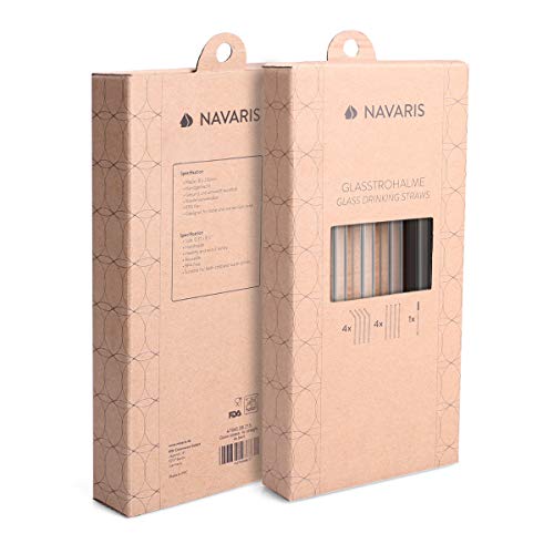 Navaris 8X Pajita de Cristal Hechas a Mano - Set de 8 pajitas Reutilizables con Cepillo de Limpieza - Cañitas de Vidrio Eco sin BPA - 21.5CM x 8MM