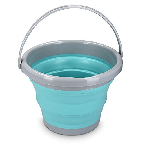 Navaris Cubo plegable para camping - Balde de agua con asa de 5 L para fregar lavar limpieza - Barreño flexible para viaje playa pesca - Azul y gris