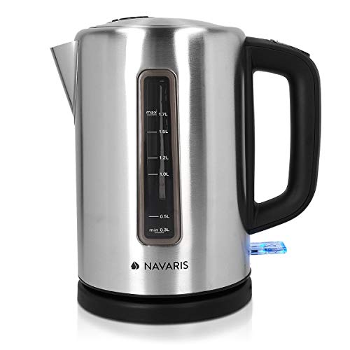 Navaris Hervidor de Agua eléctrico 1.7L - Tetera para hervir Agua con Apagado automático y Filtro para Cal - Calentador de Acero Inoxidable en Plata