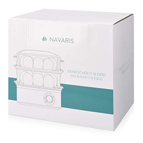 Navaris Hervidor de Huevos de Acero Inoxidable con Temporizador - 1-16 Huevos - con Vaso medidor - Función de escalfar y vaporera