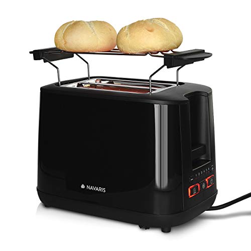 Navaris Tostadora de Acero Inoxidable con 2 Ranuras - con Ranuras Especialmente Anchas - 1000W Potencia y 6 Niveles de Tostado de rebanadas - Negro