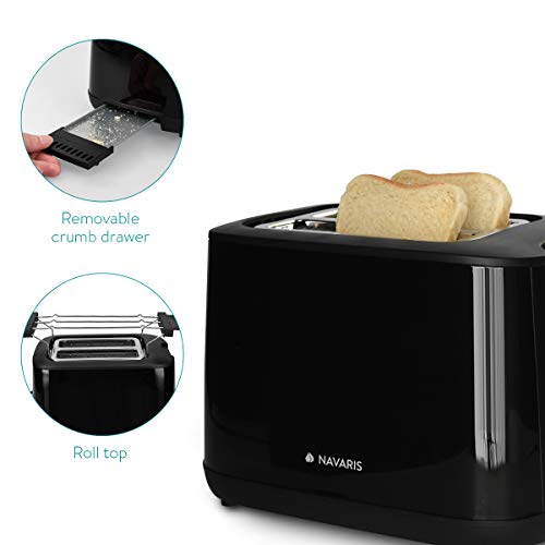 Navaris Tostadora de Acero Inoxidable con 2 Ranuras - con Ranuras Especialmente Anchas - 1000W Potencia y 6 Niveles de Tostado de rebanadas - Negro