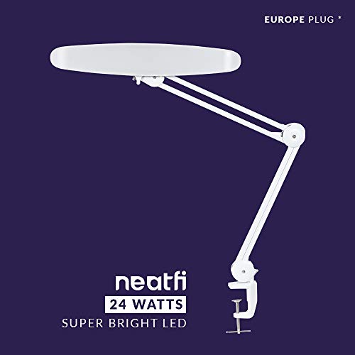 Neatfi XL: lámpara de trabajo LED con abrazadera, Enchufe Europeo, 2.200 lúmenes, 24 vatios, LED SMD de 117 piezas, lámpara ultra ancha de 20 pulgadas, brillo regulable de 4 niveles (blanco)