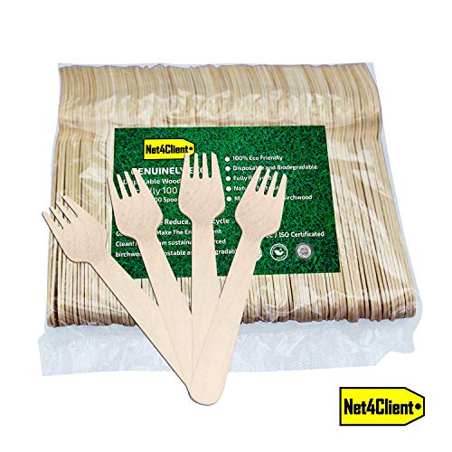 Net4Client 100 x Tenedores Para Cubiertos Desechables de Madera Uso único Vajilla Ecológica Vajilla Desechable Cubiertos Biodegradables Natural Ecológico y Compostable