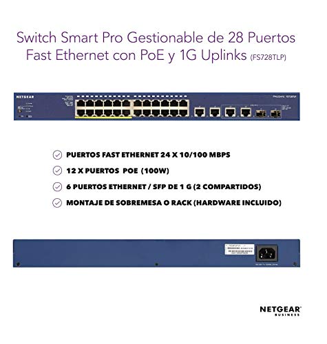 Netgear FS728TLP-100EUS - Switch gestionable Smart Pro de 24 Puertos (Fast Ethernet PoE de Montaje en Bastidor y alimentación a través de Ethernet de 12 Puertos y 100 W)