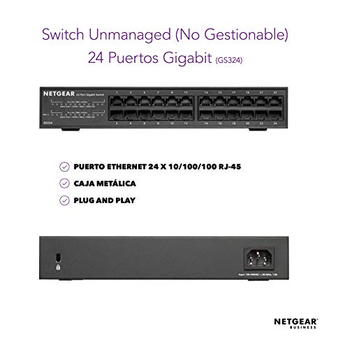 Netgear gs324 Switch 24 Puertos gigabit unmanaged, ethernet de sobremesa o Bastidor, Caja de Metal sin Ventilador, Negro