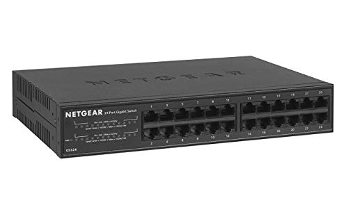 Netgear gs324 Switch 24 Puertos gigabit unmanaged, ethernet de sobremesa o Bastidor, Caja de Metal sin Ventilador, Negro