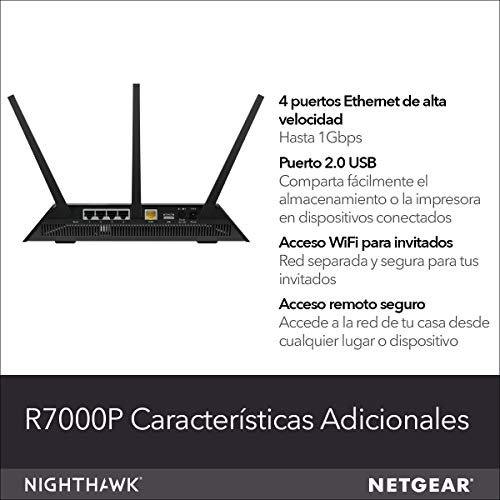 NETGEAR R7000P Router WiFi Nighthawk AC2300, Doble Banda, 4 Puertos Gigabit, protección Armor, Color Negro, 2300 Mbps