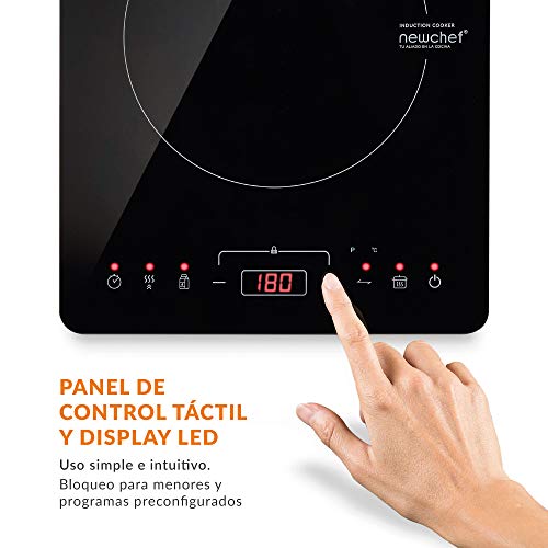 NEWCHEF - Placa Inducción Portátil Go2000 (2000W) 10 Potencias, 3 Prog. Preconfigurados y Pantalla LED. Hornillo Eléctrico con Temp. Ajustable 60-240ºC y Temporizador 3h. Ideal para Sartenes max. 19cm