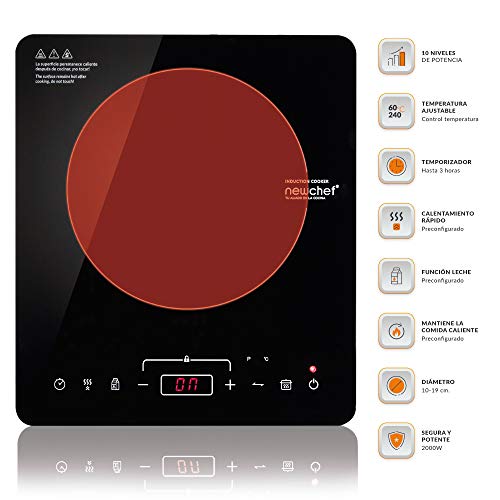 NEWCHEF - Placa Inducción Portátil Go2000 (2000W) 10 Potencias, 3 Prog. Preconfigurados y Pantalla LED. Hornillo Eléctrico con Temp. Ajustable 60-240ºC y Temporizador 3h. Ideal para Sartenes max. 19cm