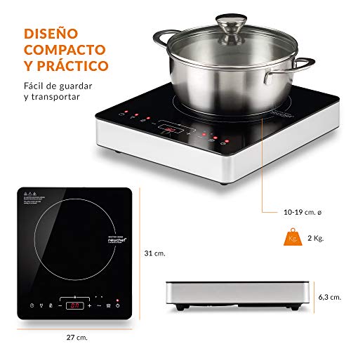 NEWCHEF - Placa Inducción Portátil Go2000 (2000W) 10 Potencias, 3 Prog. Preconfigurados y Pantalla LED. Hornillo Eléctrico con Temp. Ajustable 60-240ºC y Temporizador 3h. Ideal para Sartenes max. 19cm