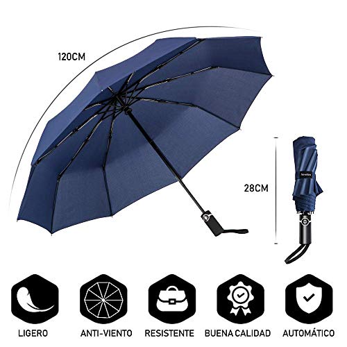 Newdora Paraguas Plegable Automático Impermeable 10 Armazones de Metal Compacto Resistencia contra Viento para Viaje para Hombres y Mujeres