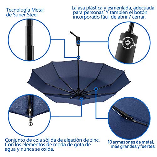 Newdora Paraguas Plegable Automático Impermeable 10 Armazones de Metal Compacto Resistencia contra Viento para Viaje para Hombres y Mujeres