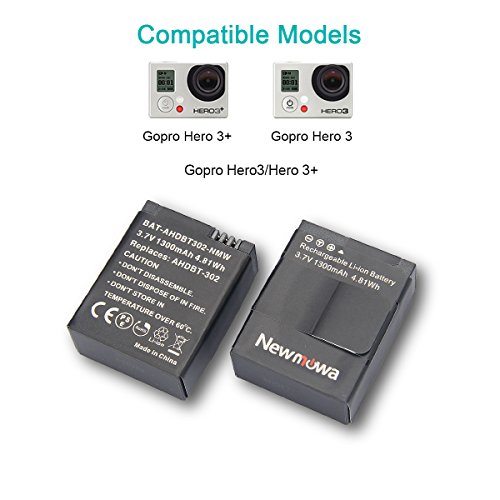 Newmowa1300mAh Batería de Repuesto (2-Pack) y Kit de Cargador para Mini USB portátil para Hero 3, Hero 3+, AHDBT-301, AHDBT-302