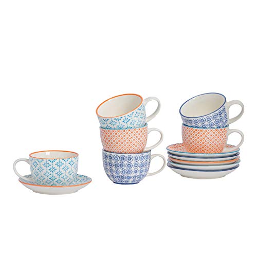 Nicola Spring Juego de café - Taza para Capuchino con platillo de Porcelana - 3 diseños - 250 ml - Pack de 6