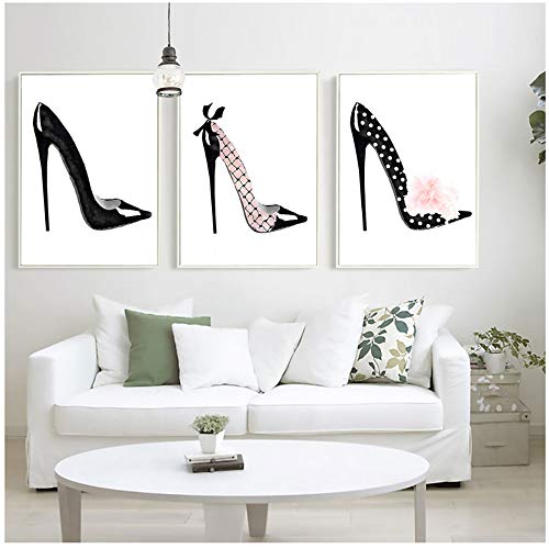 NIEMENGZHEN Imprimir en Lienzo Moda Negro Zapatos de tacón Alto Carteles e Impresiones Decoración para la Imagen del hogar 60x80cmx3pcs   Sin Marco