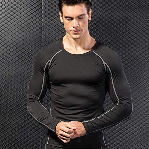 Niksa 2 Piezas Camisetas de Fitness Compresión Ropa Deportiva Manga Larga Hombre para Correr, Ejercicio,Gimnasio 1059 (Medium(Fit Chest 35.5"-37.5"), (Manga Larga) Negro Gris+Azul Marino)