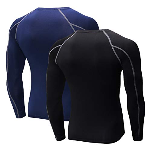 Niksa 2 Piezas Camisetas de Fitness Compresión Ropa Deportiva Manga Larga Hombre para Correr, Ejercicio,Gimnasio 1059 (Medium(Fit Chest 35.5"-37.5"), (Manga Larga) Negro Gris+Azul Marino)