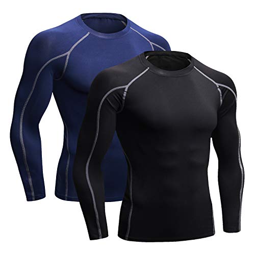 Niksa 2 Piezas Camisetas de Fitness Compresión Ropa Deportiva Manga Larga Hombre para Correr, Ejercicio,Gimnasio 1059 (Medium(Fit Chest 35.5"-37.5"), (Manga Larga) Negro Gris+Azul Marino)