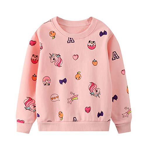 Niña Camiseta Ropa Manga Larga Sudadera Cuello Redondo Jersey Rosado Fresa Impresión de Unicornio Pull-Over con Algodón Casual Top 2 3 4 5 6 7 años