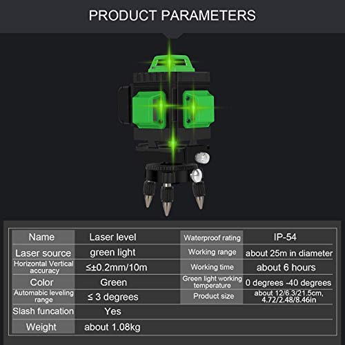 Nivel láser, Careslong 16 tiras con líneas autonivelantes 4 * 360 líneas cruzadas horizontales y verticales Línea de rayo láser verde IP54 nivelación impermeable y alineación menos de 5nw