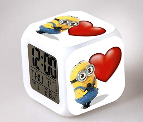 N/J adecuado para regalos de cumpleaños de los niños Despicable Me Minions reloj de dormitorio digital LED 7 colores cambio flash luz nocturna despertador, amarillo